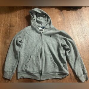 Boys … can also be unisex gray polo, Ralph Lauren zip
up  hoodie.. size xl